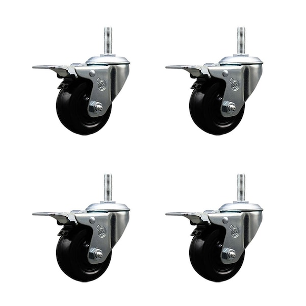 3 Inch Hard Rubber Swivel 34 Inch Threaded Stem Caster Set with Total Lock Brake